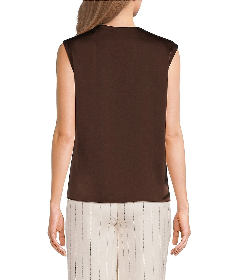 Donna Karan Charmeuse Ruched Mock Neck Pleated Shoulder Sleeveless Top