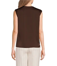Donna Karan Charmeuse Ruched Mock Neck Pleated Shoulder Sleeveless Top
