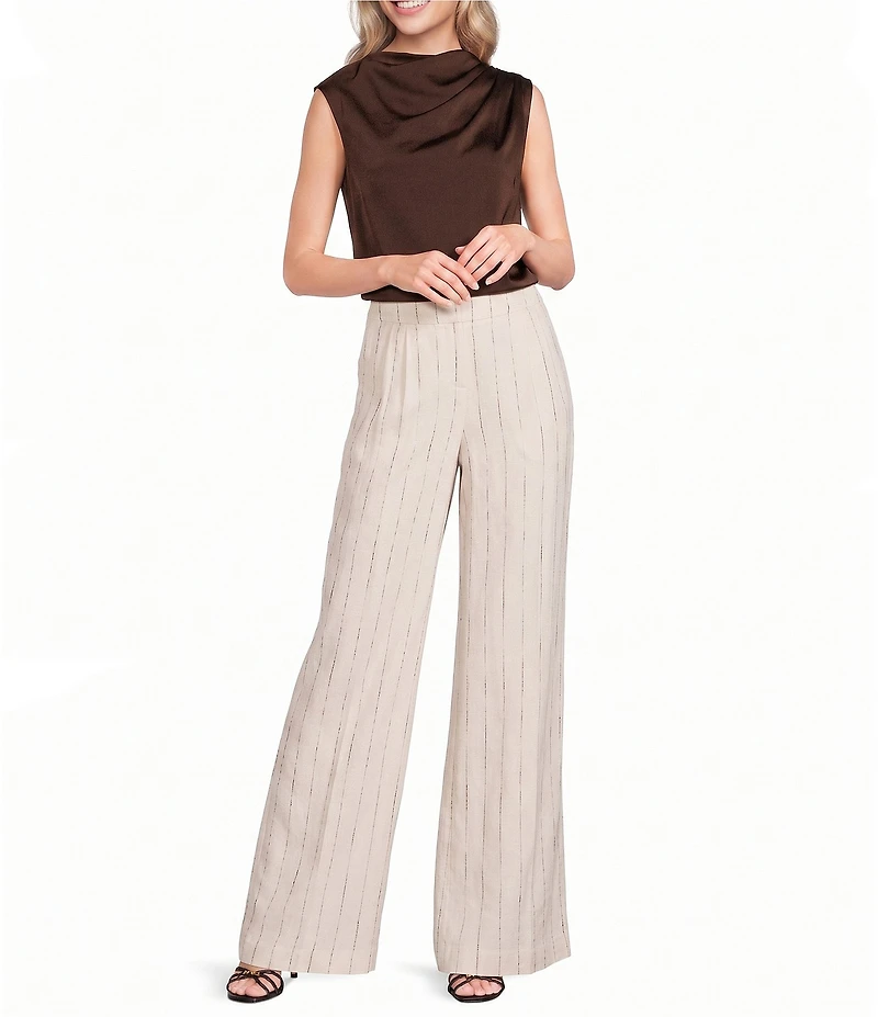 Donna Karan Charmeuse Ruched Mock Neck Pleated Shoulder Sleeveless Top