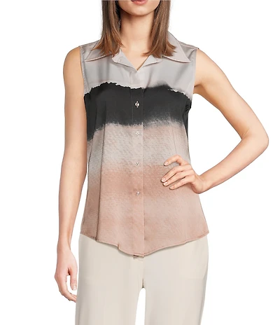 Donna Karan Charmeuse Stripe Point Collar Sleeveless Pointy Hem Button Front Blouse