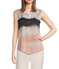 Donna Karan Charmeuse Stripe Point Collar Sleeveless Pointy Hem Button Front Blouse