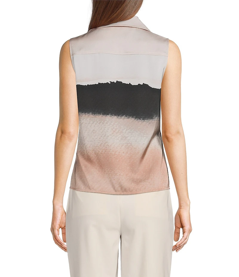 Donna Karan Charmeuse Stripe Point Collar Sleeveless Pointy Hem Button Front Blouse