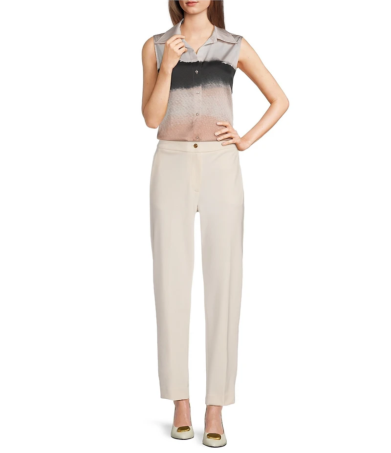 Donna Karan Charmeuse Stripe Point Collar Sleeveless Pointy Hem Button Front Blouse