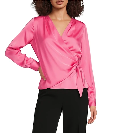 Donna Karan Charmeuse V-Neck Long Sleeve Tie Front Wrap Blouse