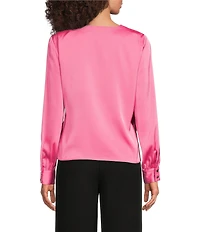 Donna Karan Charmeuse V-Neck Long Sleeve Tie Front Wrap Blouse