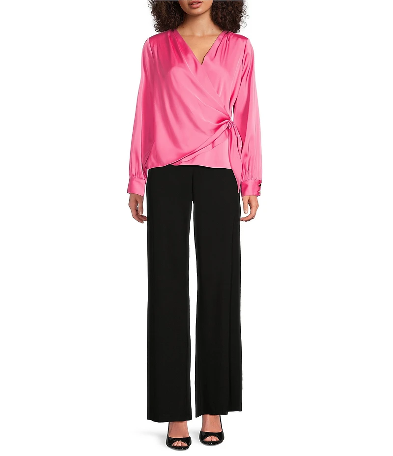 Donna Karan Charmeuse V-Neck Long Sleeve Tie Front Wrap Blouse