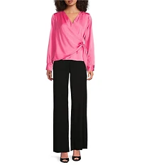 Donna Karan Charmeuse V-Neck Long Sleeve Tie Front Wrap Blouse