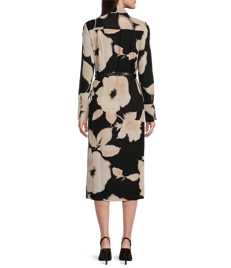 Donna Karan Chiffon Collared V-Neck Long Sleeve Belted Sheath Midi Dress