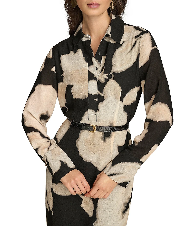 Donna Karan Chiffon Collared V-Neck Long Sleeve Belted Sheath Midi Dress