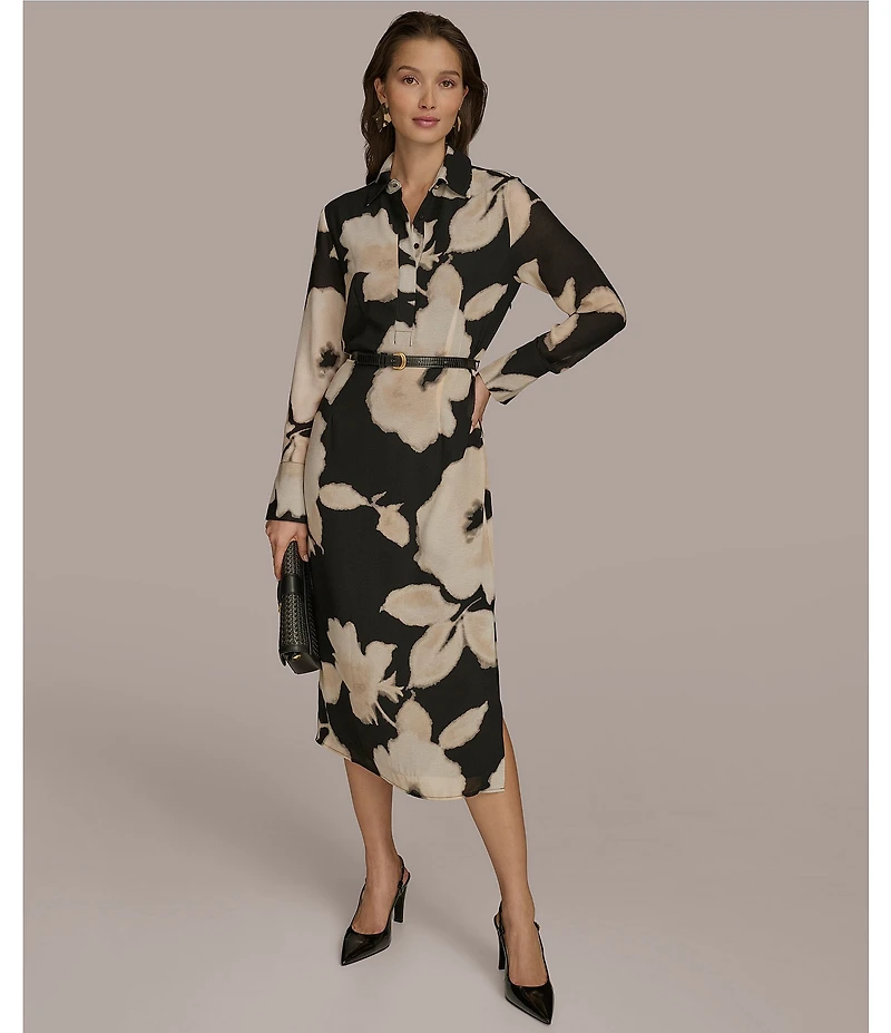 Donna Karan Chiffon Collared V-Neck Long Sleeve Belted Sheath Midi Dress