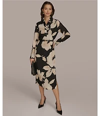 Donna Karan Chiffon Collared V-Neck Long Sleeve Belted Sheath Midi Dress
