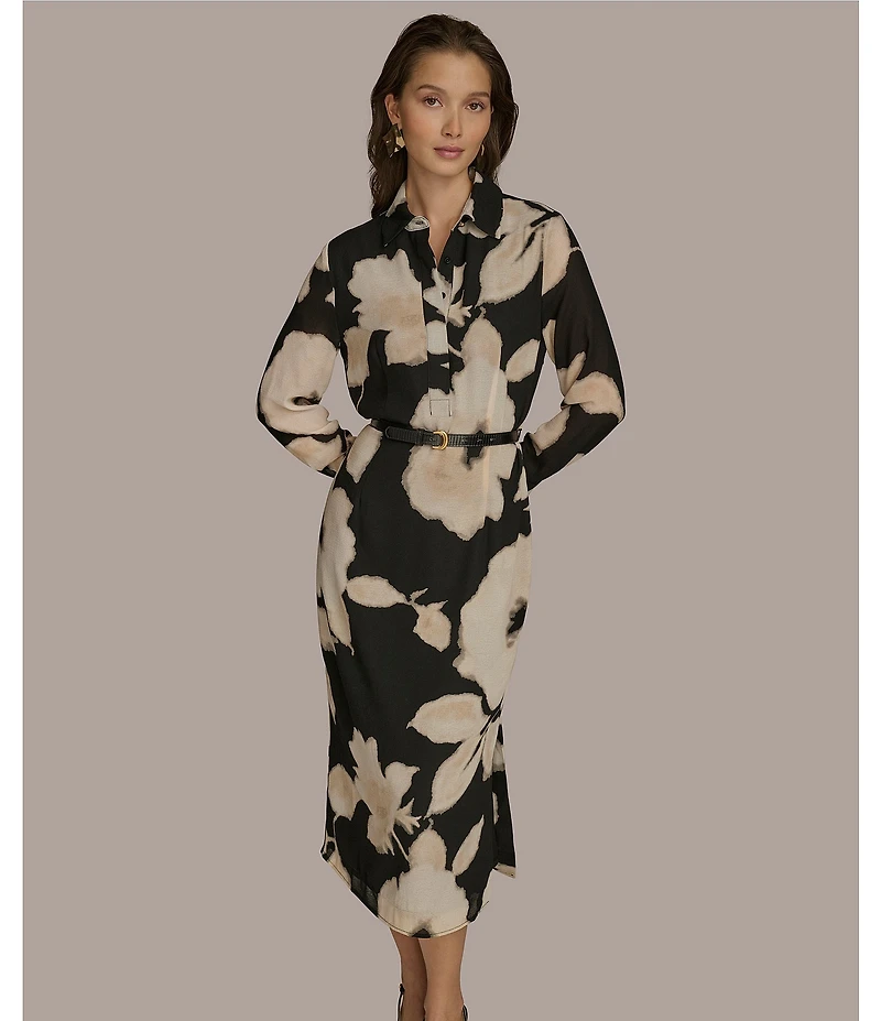 Donna Karan Chiffon Collared V-Neck Long Sleeve Belted Sheath Midi Dress