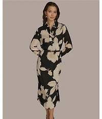 Donna Karan Chiffon Collared V-Neck Long Sleeve Belted Sheath Midi Dress