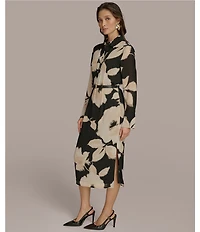 Donna Karan Chiffon Collared V-Neck Long Sleeve Belted Sheath Midi Dress