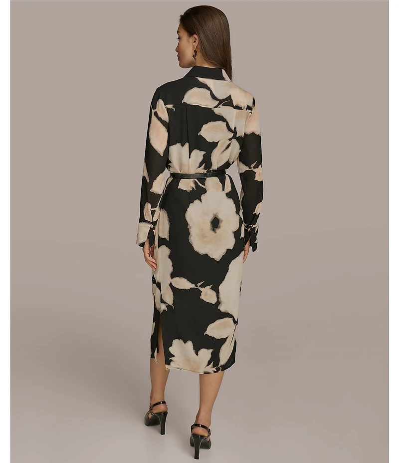 Donna Karan Chiffon Collared V-Neck Long Sleeve Belted Sheath Midi Dress