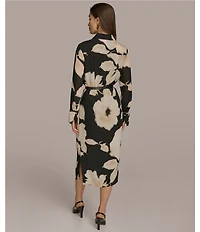 Donna Karan Chiffon Collared V-Neck Long Sleeve Belted Sheath Midi Dress