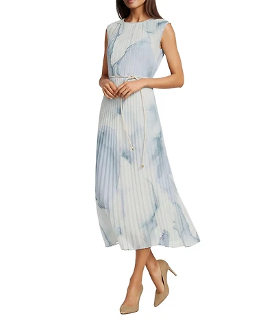 Donna Karan Chiffon Crew Neck Cap Sleeve Pleated Belted A-Line Midi Dress