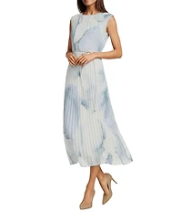 Donna Karan Chiffon Crew Neck Cap Sleeve Pleated Belted A-Line Midi Dress