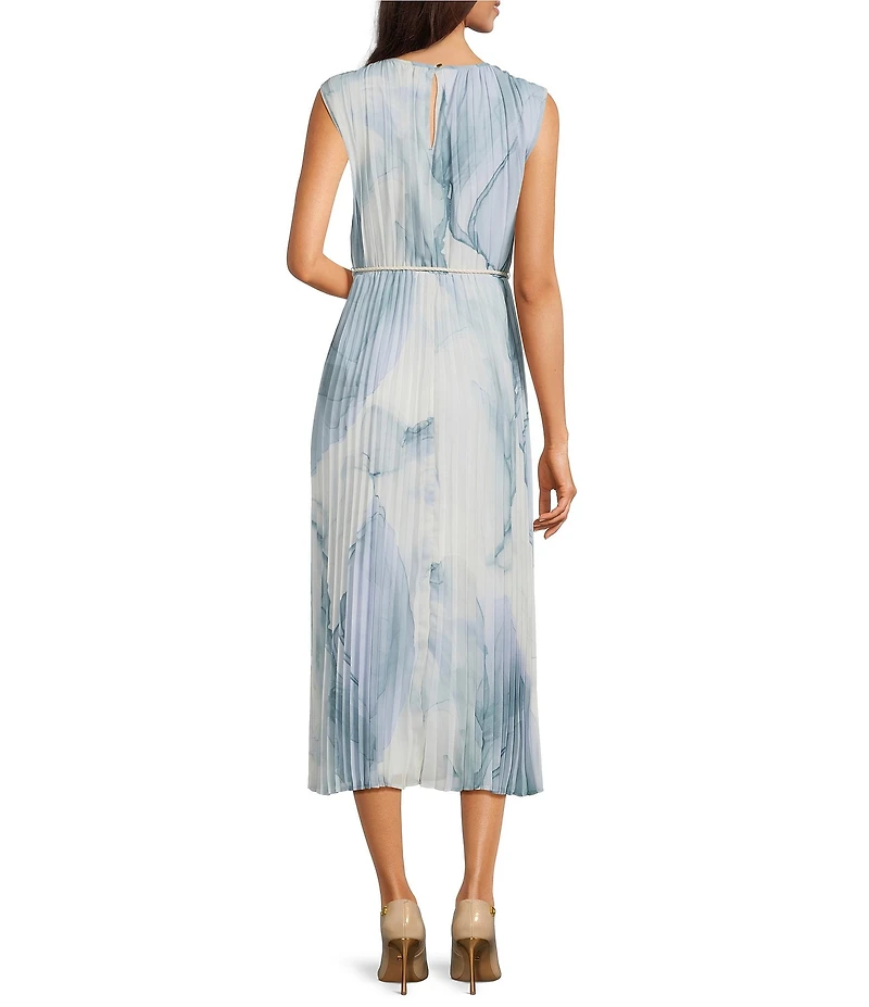 Donna Karan Chiffon Crew Neck Cap Sleeve Pleated Belted A-Line Midi Dress