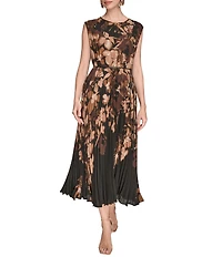 Donna Karan Chiffon Floral Print Cap Sleeve Belted Midi Dress