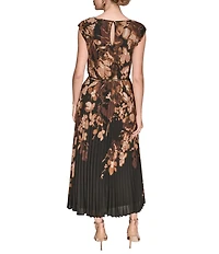 Donna Karan Chiffon Floral Print Cap Sleeve Belted Midi Dress