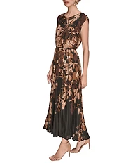 Donna Karan Chiffon Floral Print Cap Sleeve Belted Midi Dress