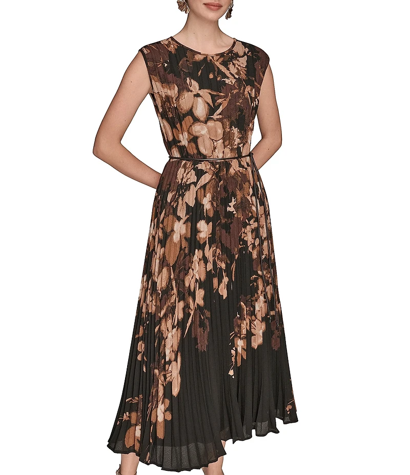 Donna Karan Chiffon Floral Print Cap Sleeve Belted Midi Dress