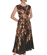 Donna Karan Chiffon Floral Print Cap Sleeve Belted Midi Dress