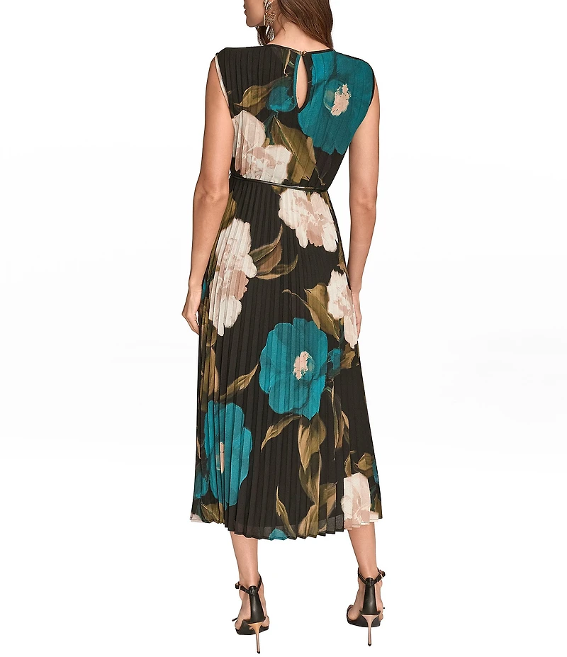 Donna Karan Chiffon Floral Print Pleated Maxi Dress