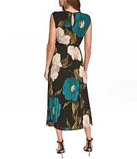 Donna Karan Chiffon Floral Print Pleated Maxi Dress
