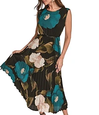 Donna Karan Chiffon Floral Print Pleated Maxi Dress