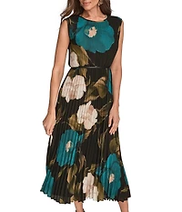Donna Karan Chiffon Floral Print Pleated Maxi Dress