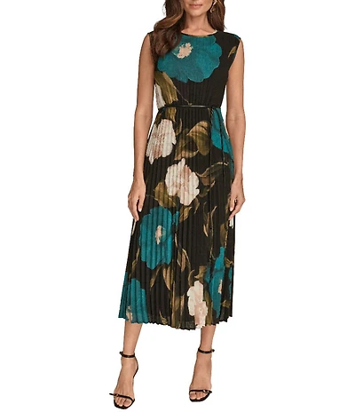 Donna Karan Chiffon Floral Print Pleated Midi Dress