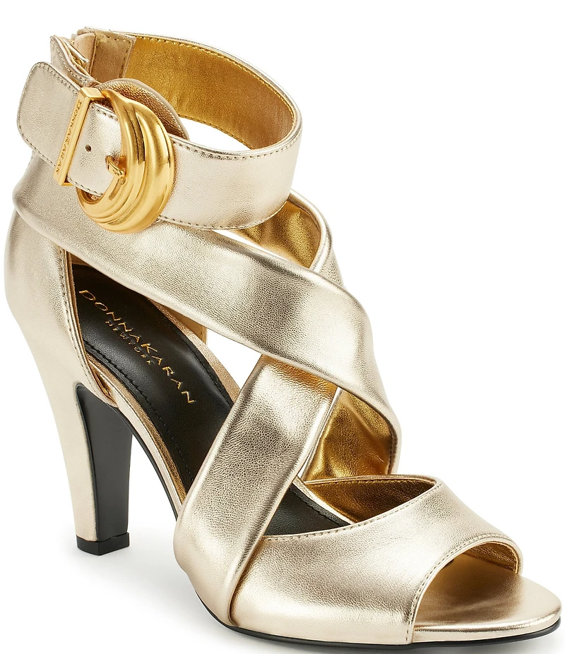 Donna Karan Clari Strappy Metallic Leather Big Buckle Hardware Dress Sandals