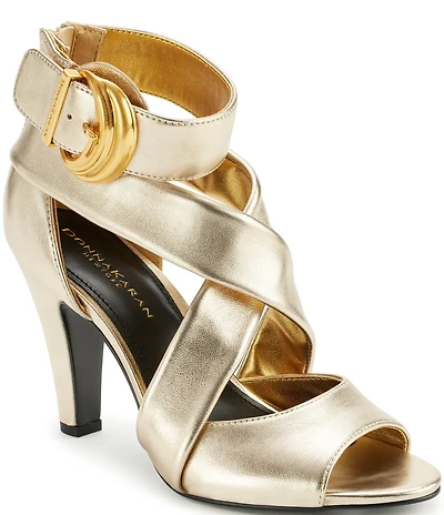 Donna Karan Clari Strappy Metallic Leather Big Buckle Hardware Dress Sandals