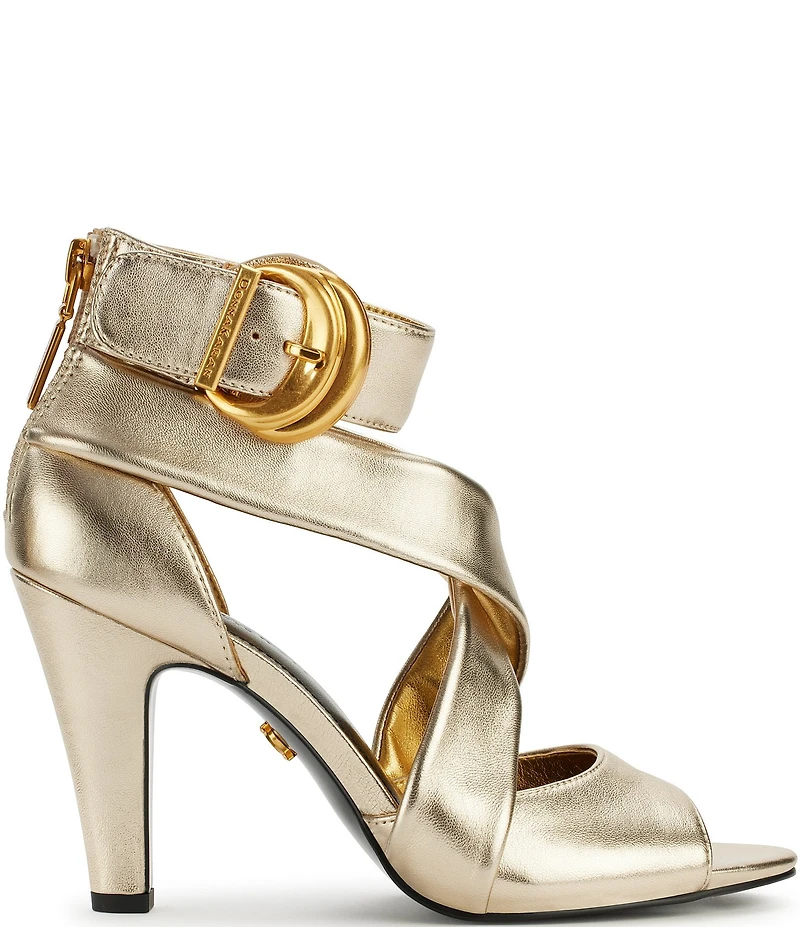 Donna Karan Clari Strappy Metallic Leather Big Buckle Hardware Dress Sandals