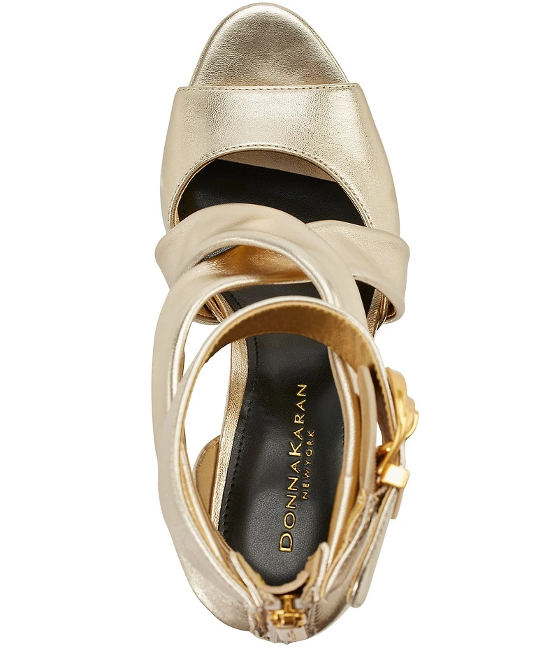 Donna Karan Clari Strappy Metallic Leather Big Buckle Hardware Dress Sandals