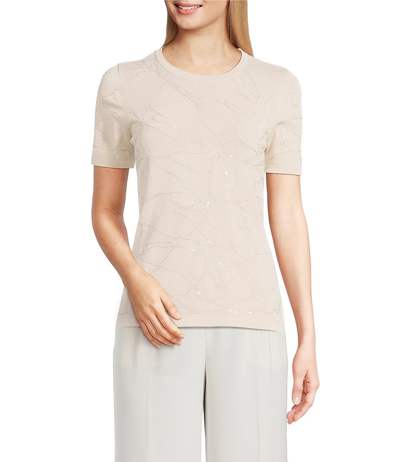 Donna Karan Clear Sequin Embellished Short Sleeve Top
