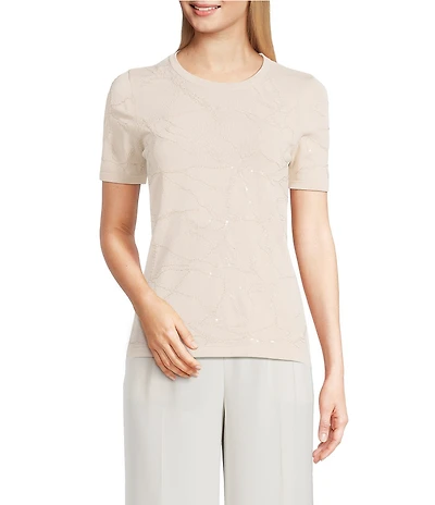 Donna Karan Clear Sequin Embellished Short Sleeve Top
