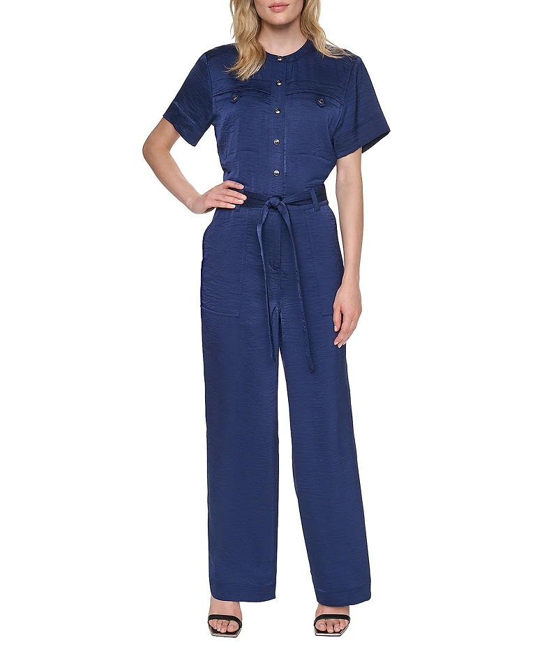 Donna Karan Collared Short Sleeve Button Font Tie Belt Jumpsuit