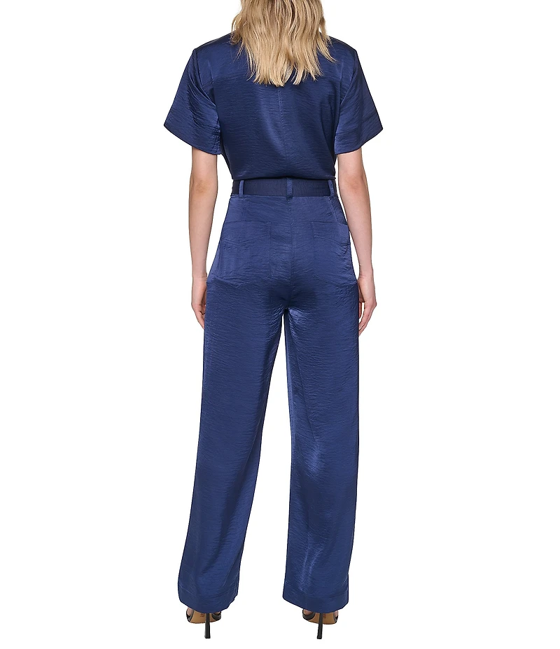 Donna Karan Collared Short Sleeve Button Font Tie Belt Jumpsuit