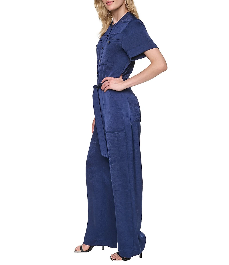 Donna Karan Collared Short Sleeve Button Font Tie Belt Jumpsuit