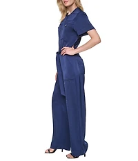 Donna Karan Collared Short Sleeve Button Font Tie Belt Jumpsuit