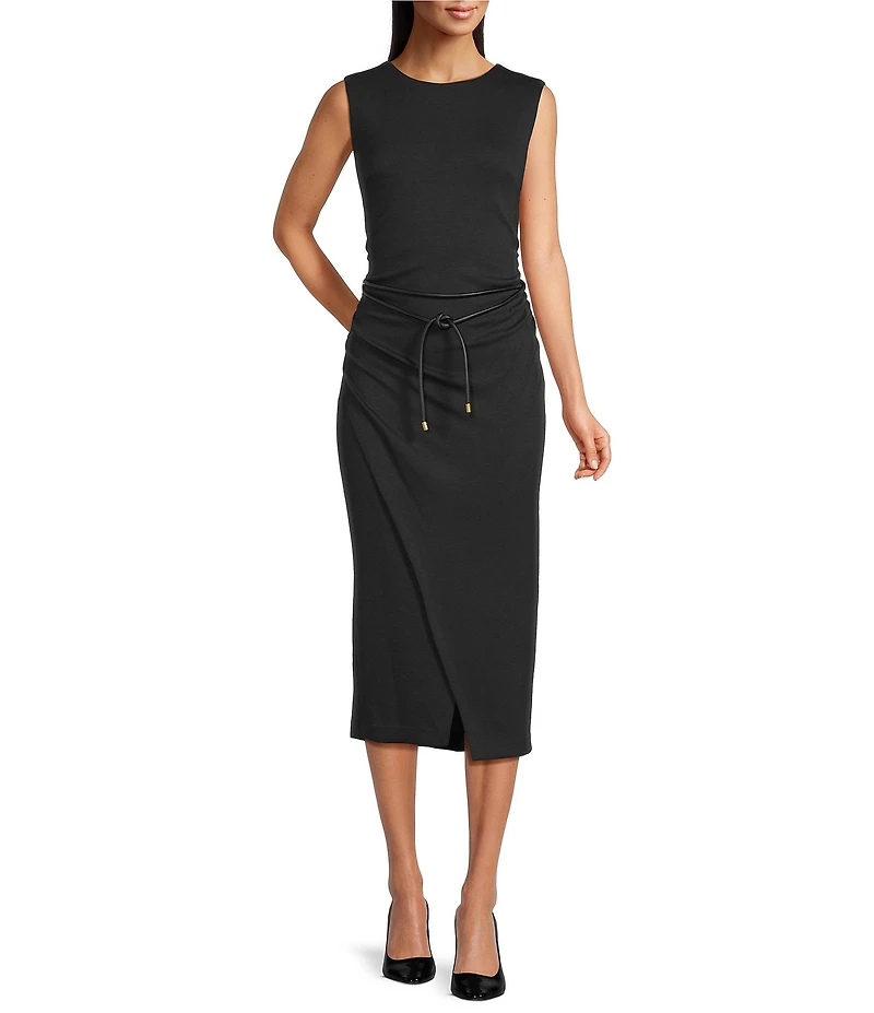 Donna Karan Concord Scuba Crew Neck Sleeveless Tie Waist Belted Sheath Midi Dress