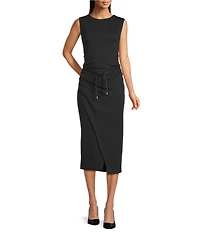 Donna Karan Concord Scuba Crew Neck Sleeveless Tie Waist Belted Sheath Midi Dress