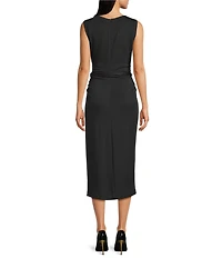 Donna Karan Concord Scuba Crew Neck Sleeveless Tie Waist Belted Sheath Midi Dress