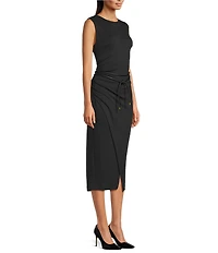 Donna Karan Concord Scuba Crew Neck Sleeveless Tie Waist Belted Sheath Midi Dress