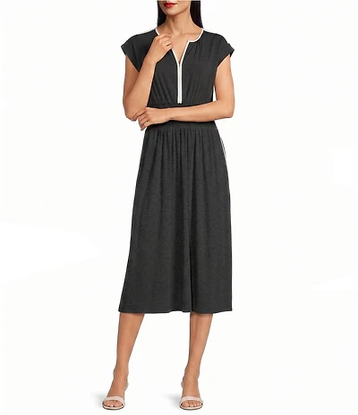 Donna Karan Contrast Piped V-Neck Cap Sleeve Smocked Waist A-Line Midi Dress