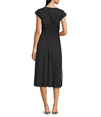 Donna Karan Contrast Piped V-Neck Cap Sleeve Smocked Waist A-Line Midi Dress