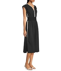 Donna Karan Contrast Piped V-Neck Cap Sleeve Smocked Waist A-Line Midi Dress